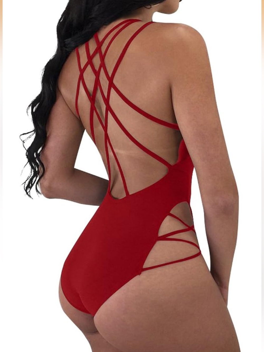 Red Strappy Cutout One Piece Swimsuit Cage Back High Cut Thigh Women’s Medium